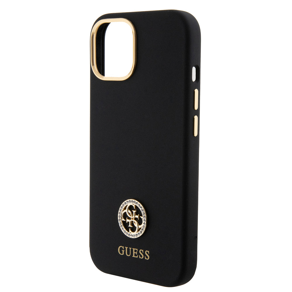 Guess iPhone 15 Orjinal Lisanslı Yazı ve Taşlı 4G Logolu Metal Kamera Çerçeveli Silikon Kılıf