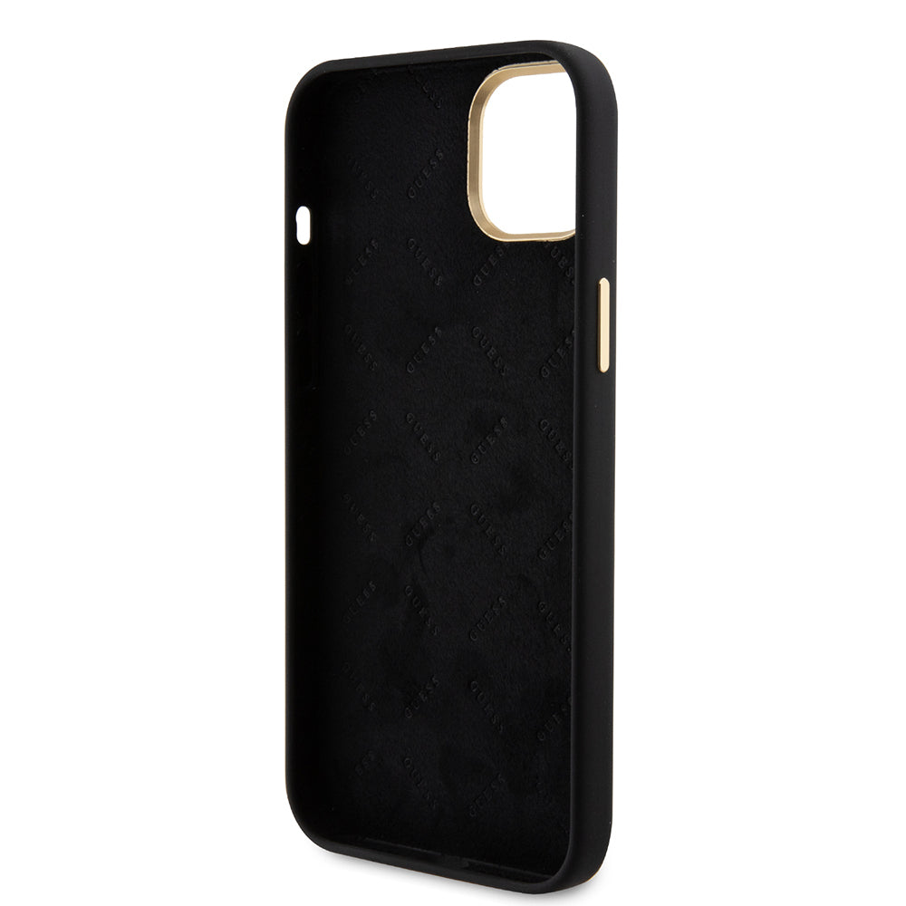 Guess iPhone 15 Orjinal Lisanslı Yazı ve Taşlı 4G Logolu Metal Kamera Çerçeveli Silikon Kılıf