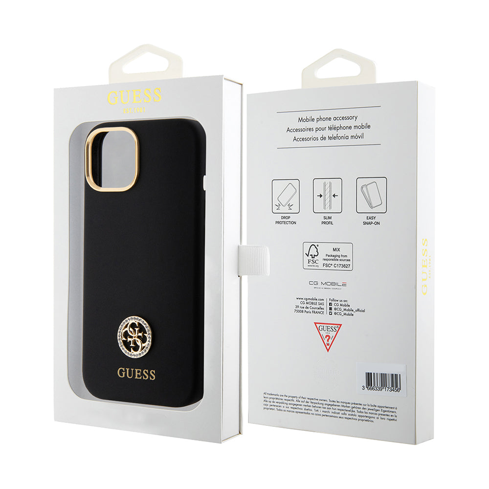 Guess iPhone 15 Orjinal Lisanslı Yazı ve Taşlı 4G Logolu Metal Kamera Çerçeveli Silikon Kılıf
