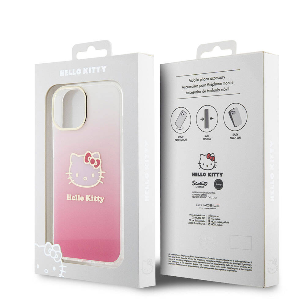 Hello Kitty iPhone 15 Orjinal Lisanslı Yazı ve İkonik Logolu Elektroplating Kaplama Gradyan Kılıf