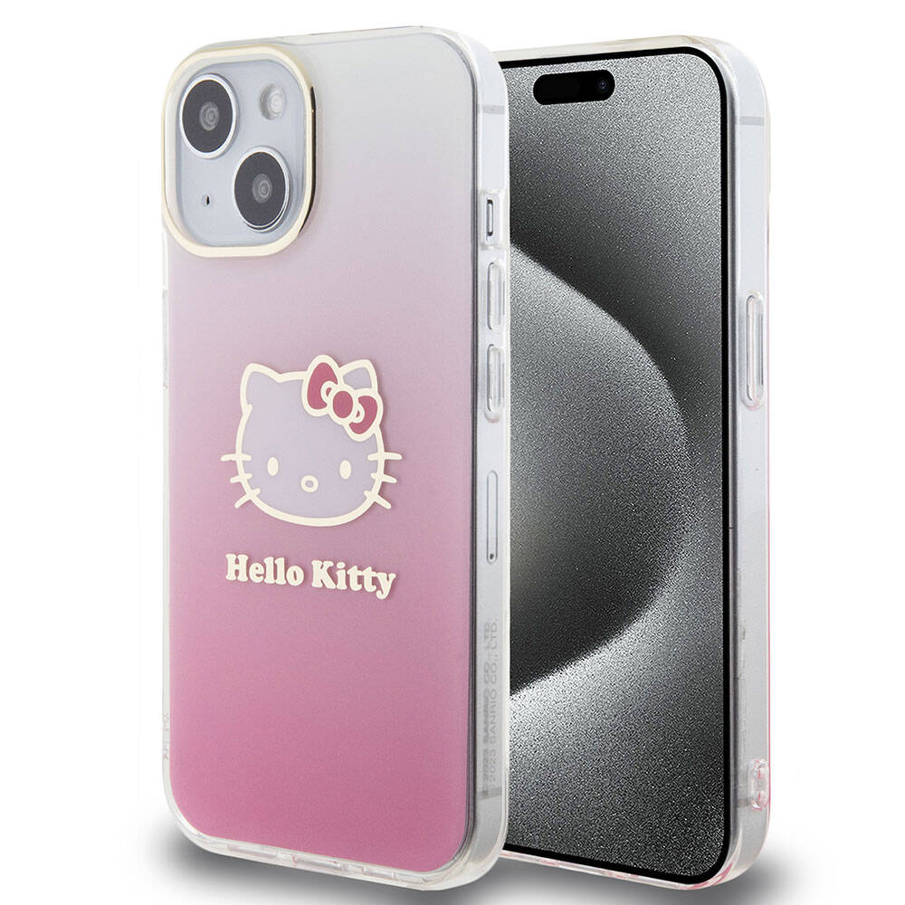 Hello Kitty iPhone 15 Orjinal Lisanslı Yazı ve İkonik Logolu Elektroplating Kaplama Gradyan Kılıf
