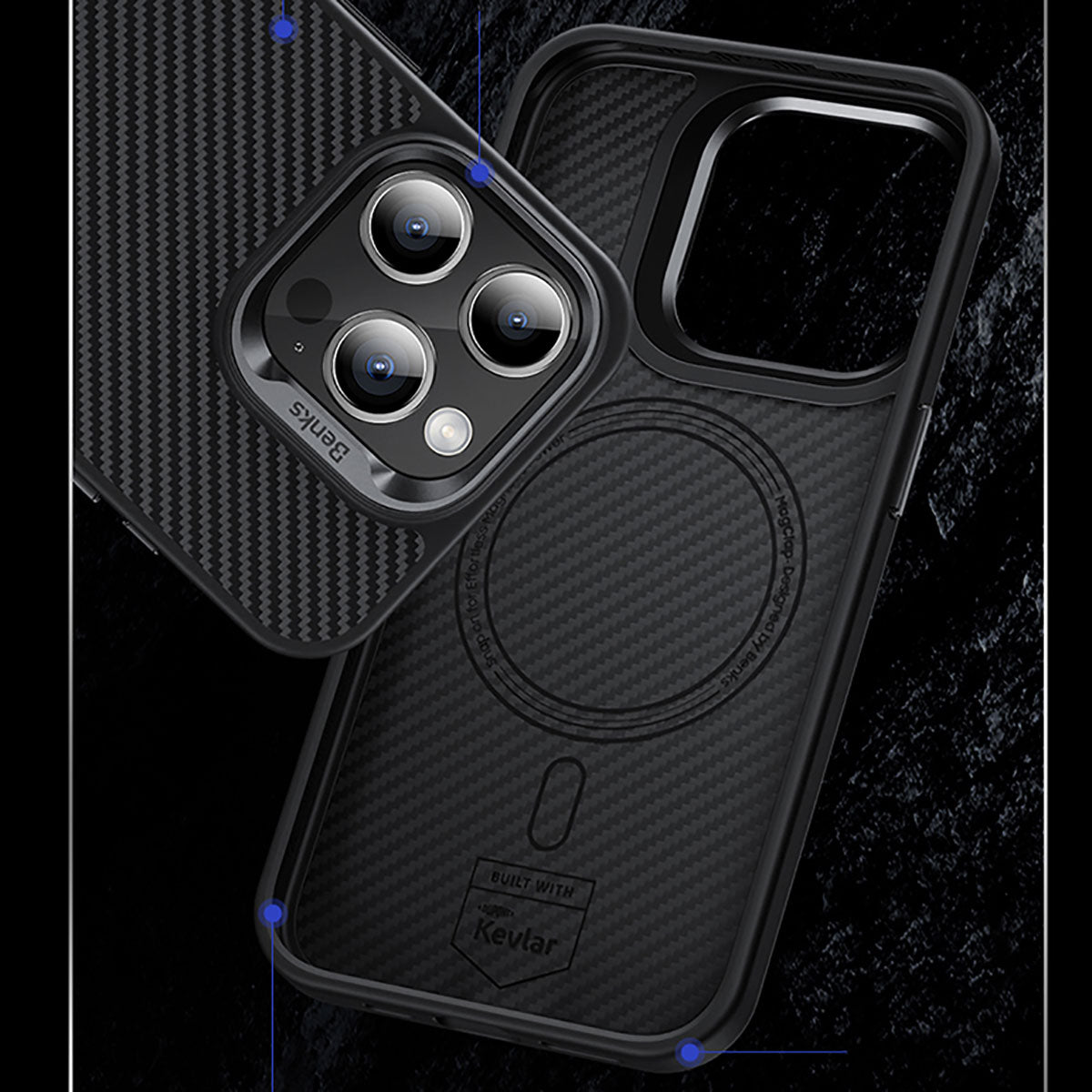 Benks Hybrid ArmorPro 600D iPhone 15 Karbon Fiber M-safe Şarj Özellikli Kevlar Kılıf