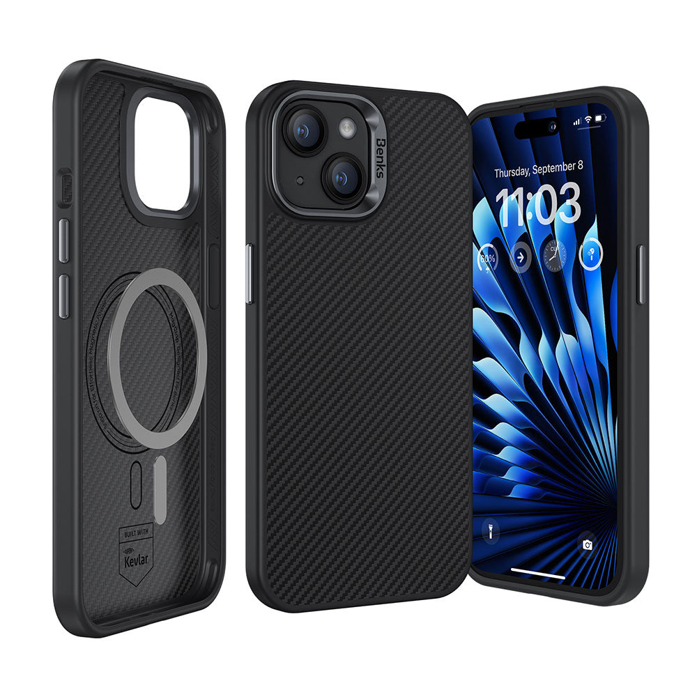 Benks Hybrid ArmorPro 600D iPhone 15 Karbon Fiber M-safe Şarj Özellikli Kevlar Kılıf