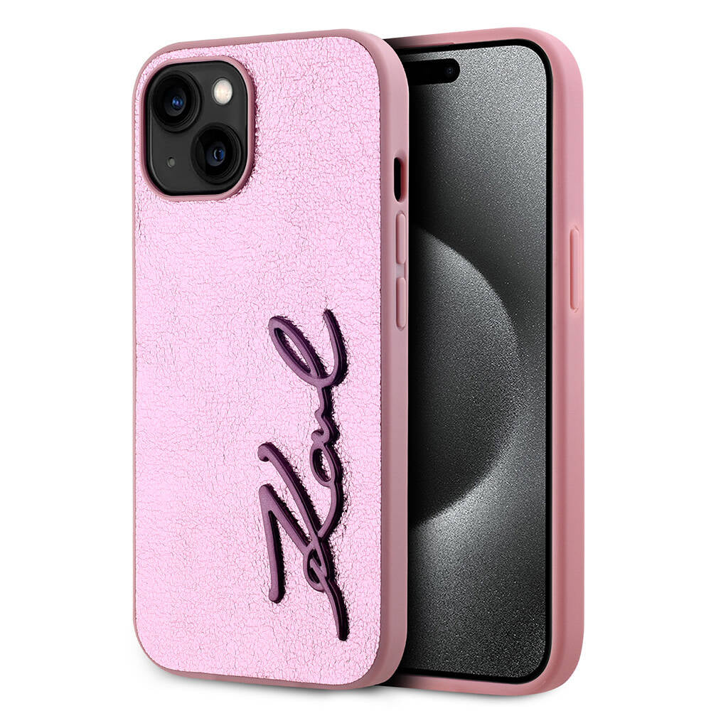 Karl Lagerfeld iPhone 15 Orjinal Lisanslı 3D KL Yazılı Tüylü Arka Yüzey Saffiano Rhinestones Telefon Kılıfı - 1