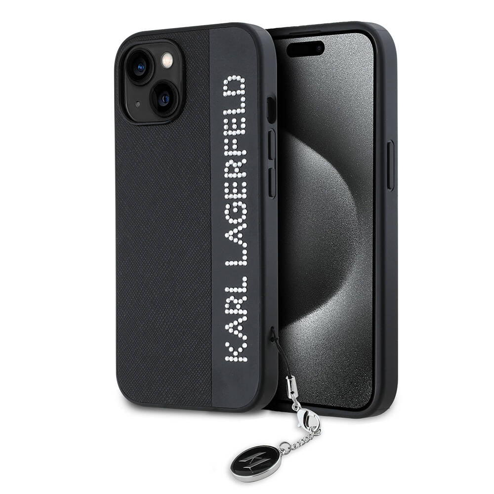 Karl Lagerfeld iPhone 15 Orjinal Lisanslı Anahtarlıklı Taşlı KL Yazılı Saffiano Rhinestones Telefon Kılıfı - 1