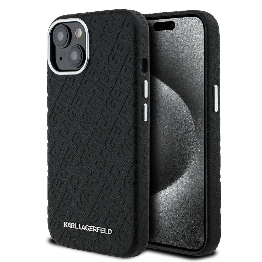 Karl Lagerfeld iPhone 15 Orjinal Lisanslı PU Deri Damgalı Metal Yazı Logolu Telefon Kılıfı
