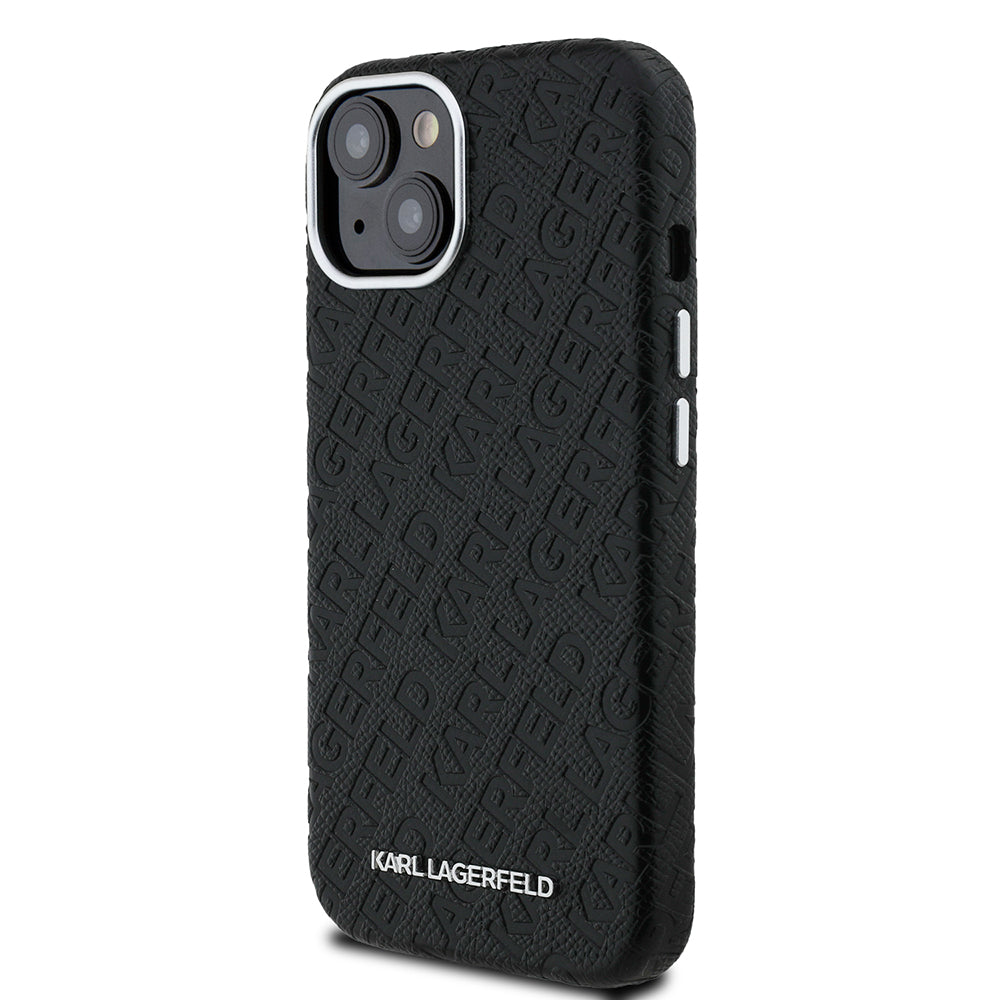 Karl Lagerfeld iPhone 15 Orjinal Lisanslı PU Deri Damgalı Metal Yazı Logolu Telefon Kılıfı