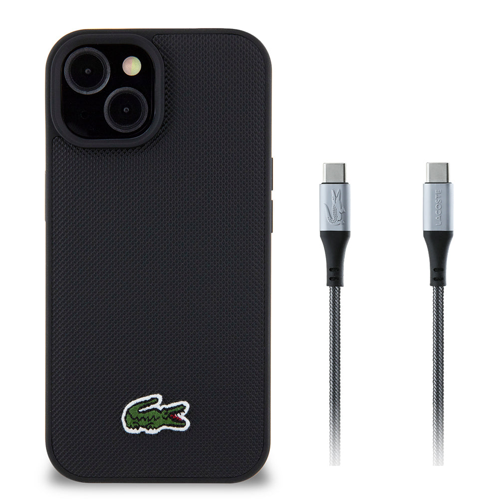 Lacoste iPhone 15 Orjinal Lisanslı PU Pike Desenli Arka Yüzey İkonik Timsah Dokuma Logolu Kılıf + Type-C Kablo 1.5m