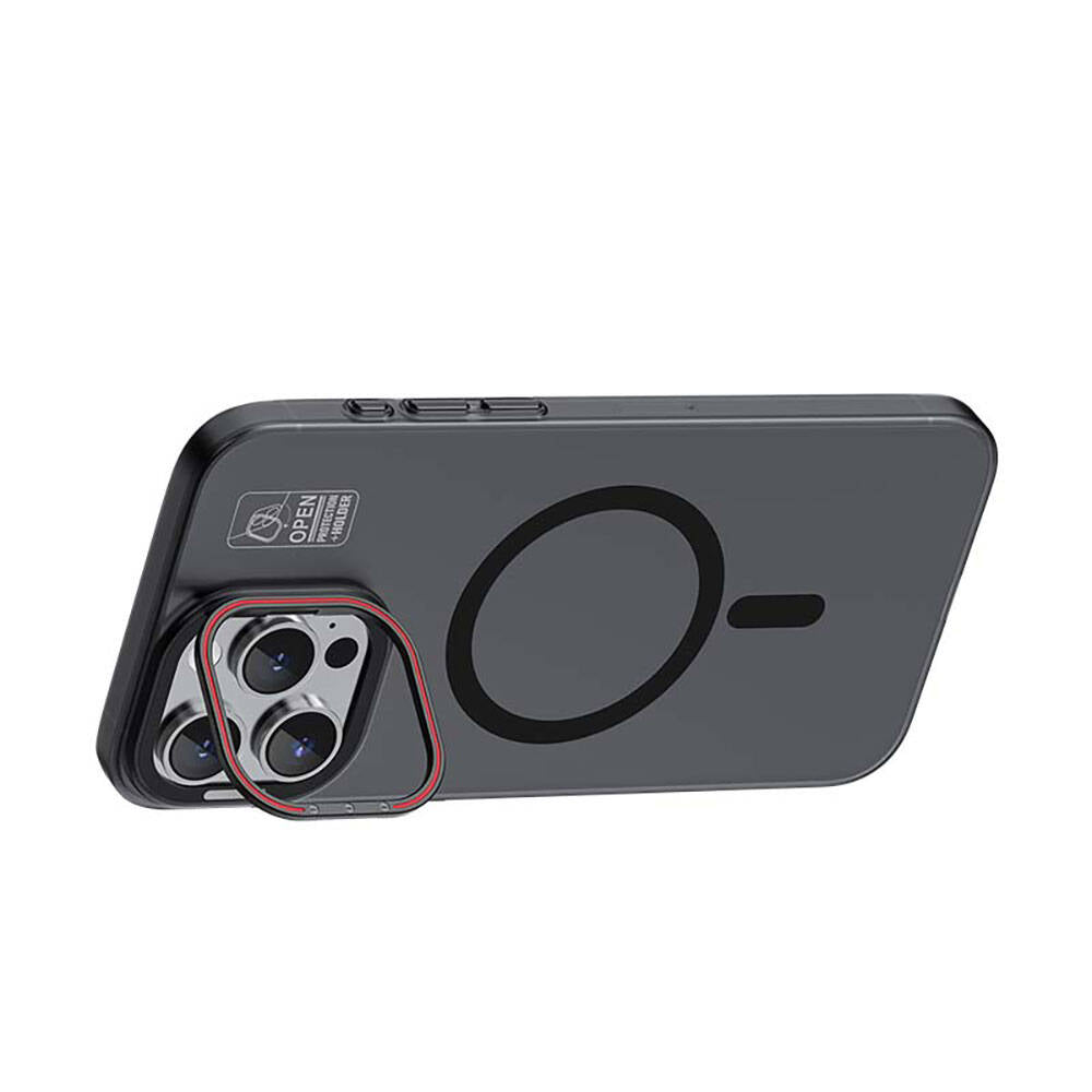 Recci Glaze Serisi iPhone 15 M-safe Şarj Özellikli Standlı Metal Kamera Çerçeveli Mat Kılıf