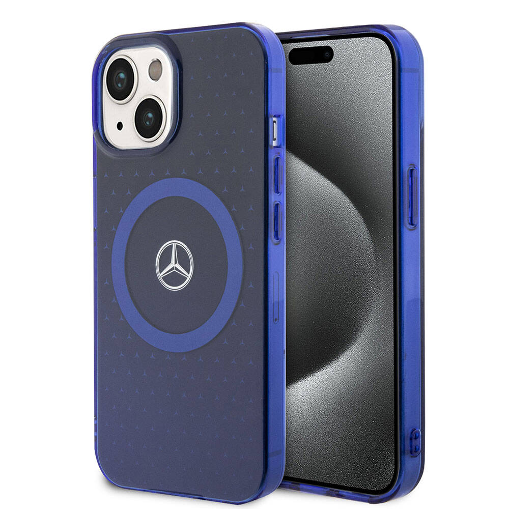 Mercedes Benz iPhone 15 Orjinal Lisanslı M-safe Şarj Özellikli Çift Katmanlı Mavi Yıldız Desenli Kılıf