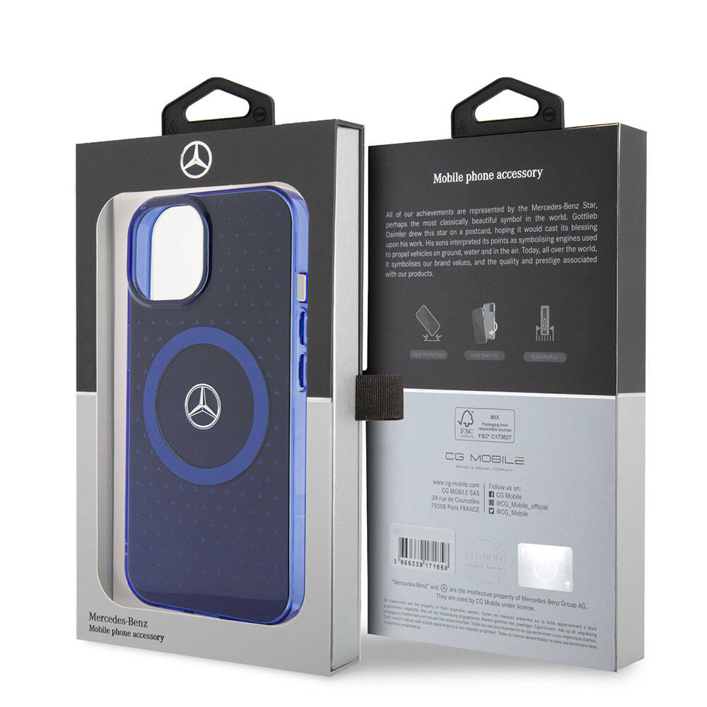 Mercedes Benz iPhone 15 Orjinal Lisanslı M-safe Şarj Özellikli Çift Katmanlı Mavi Yıldız Desenli Kılıf