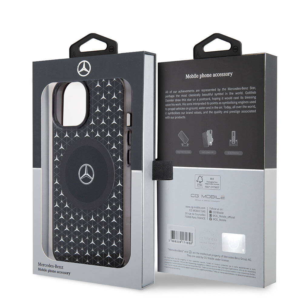 Mercedes Benz iPhone 15 Orjinal Lisanslı M-safe Şarj Özellikli Çift Katmanlı Mini Yıldız Desenli Kılıf