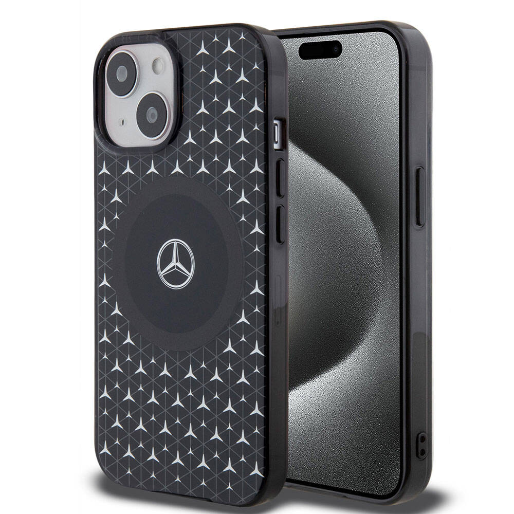 Mercedes Benz iPhone 15 Orjinal Lisanslı M-safe Şarj Özellikli Çift Katmanlı Mini Yıldız Desenli Kılıf