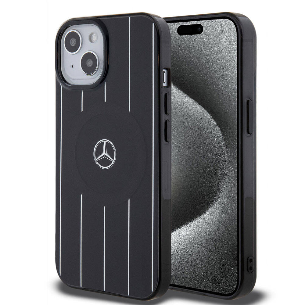 Mercedes Benz iPhone 15 Orjinal Lisanslı M-safe Şarj Özellikli Çift Katmanlı Paralel Çizgi Desenli Kılıf
