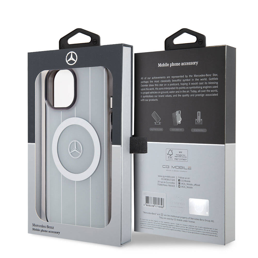 Mercedes Benz iPhone 15 Orjinal Lisanslı M-safe Şarj Özellikli Çift Katmanlı Paralel Çizgi Desenli Kılıf