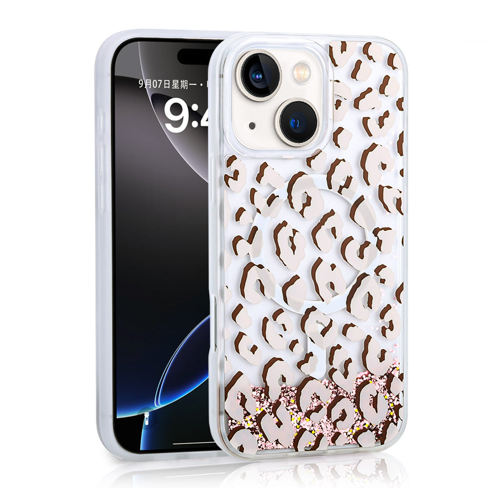 Cepax iPhone 15 Sıvılı Simli Baskılı Şeffaf Arka Yüzey Mossa Silikon Kılıf
