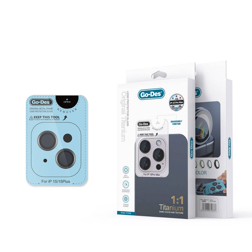 Go Des Titanium Premium iPhone 15 Plus Temperli Kamera Lens Koruyucu