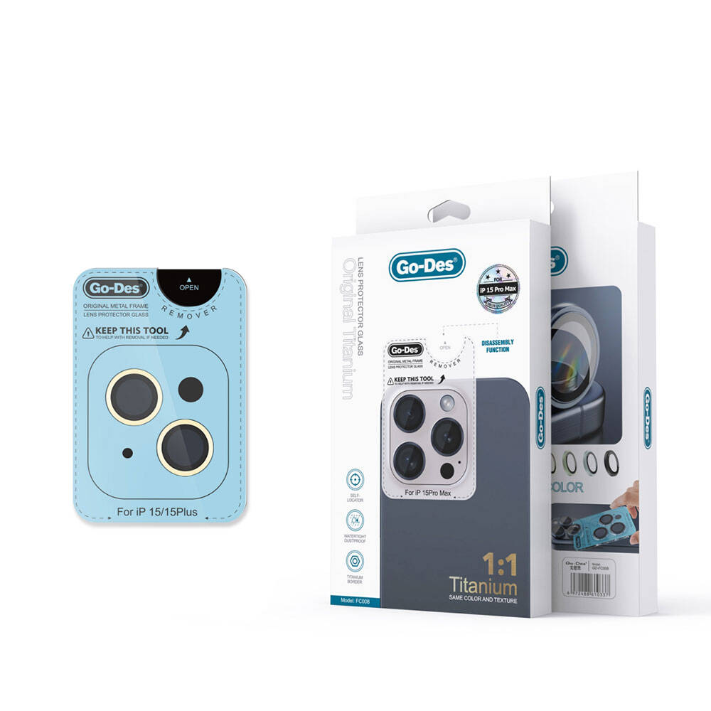 Go Des Titanium Premium iPhone 15 Plus Temperli Kamera Lens Koruyucu