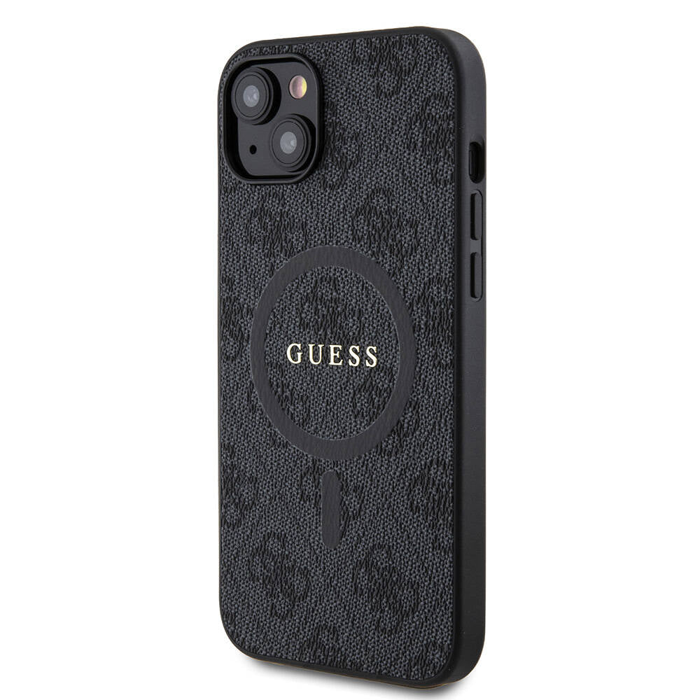 Guess iPhone 15 Plus Orjinal Lisanslı M-safe Şarj Özellikli PU Halkalı 4G Desenli Yazı Logolu Kılıf