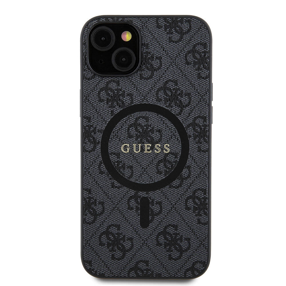 Guess iPhone 15 Plus Orjinal Lisanslı M-safe Şarj Özellikli PU Halkalı 4G Desenli Yazı Logolu Kılıf