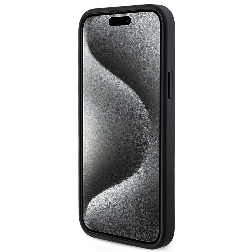 Guess iPhone 15 Plus Orjinal Lisanslı M-safe Şarj Özellikli PU Halkalı 4G Desenli Yazı Logolu Kılıf