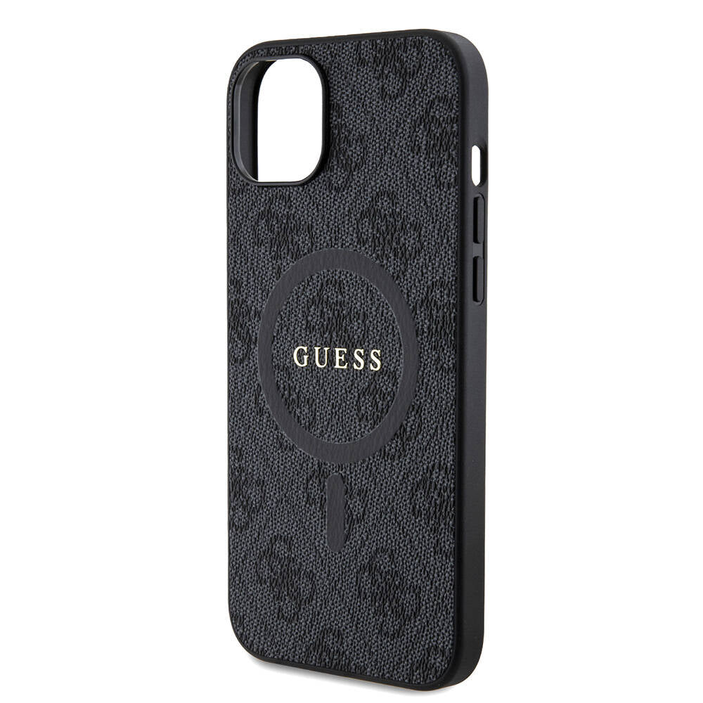Guess iPhone 15 Plus Orjinal Lisanslı M-safe Şarj Özellikli PU Halkalı 4G Desenli Yazı Logolu Kılıf