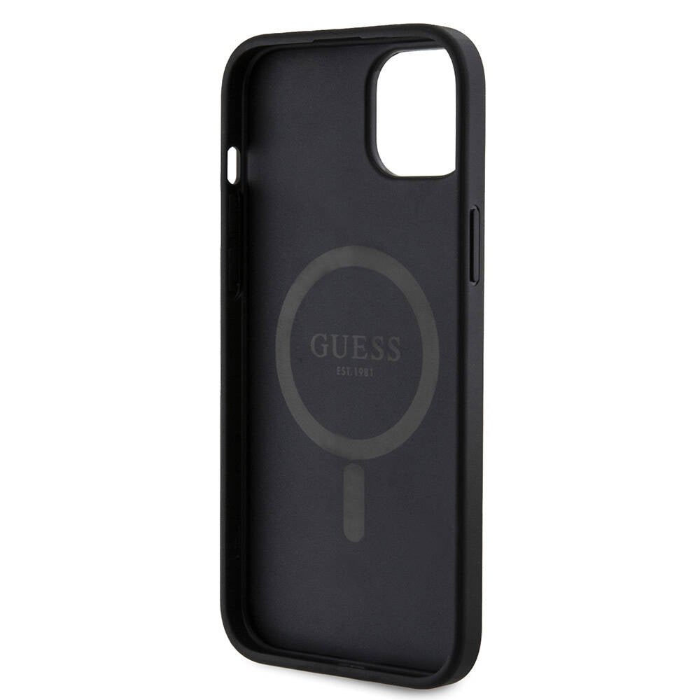 Guess iPhone 15 Plus Orjinal Lisanslı M-safe Şarj Özellikli PU Halkalı 4G Desenli Yazı Logolu Kılıf
