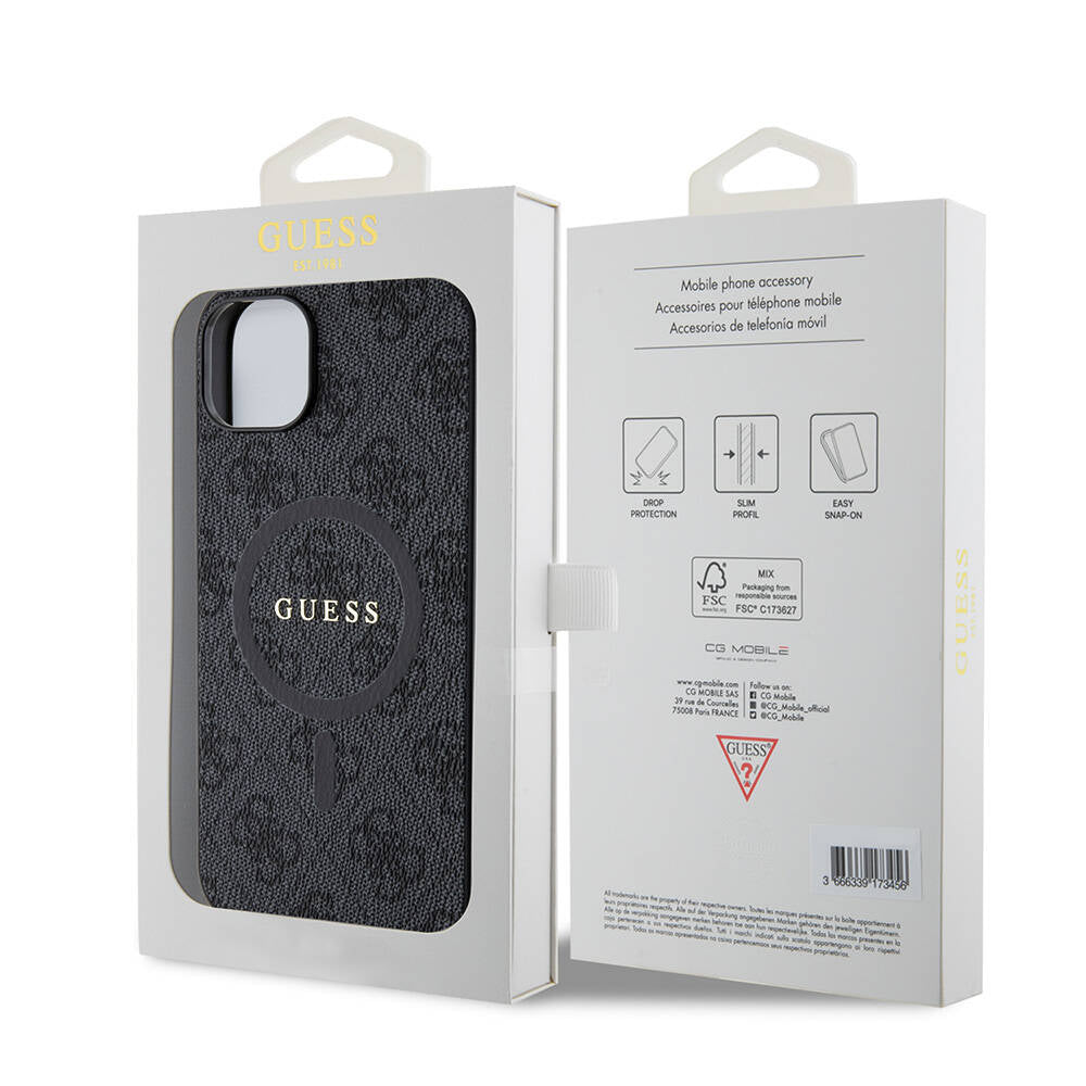 Guess iPhone 15 Plus Orjinal Lisanslı M-safe Şarj Özellikli PU Halkalı 4G Desenli Yazı Logolu Kılıf