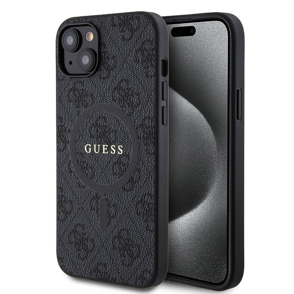 Guess iPhone 15 Plus Orjinal Lisanslı M-safe Şarj Özellikli PU Halkalı 4G Desenli Yazı Logolu Kılıf