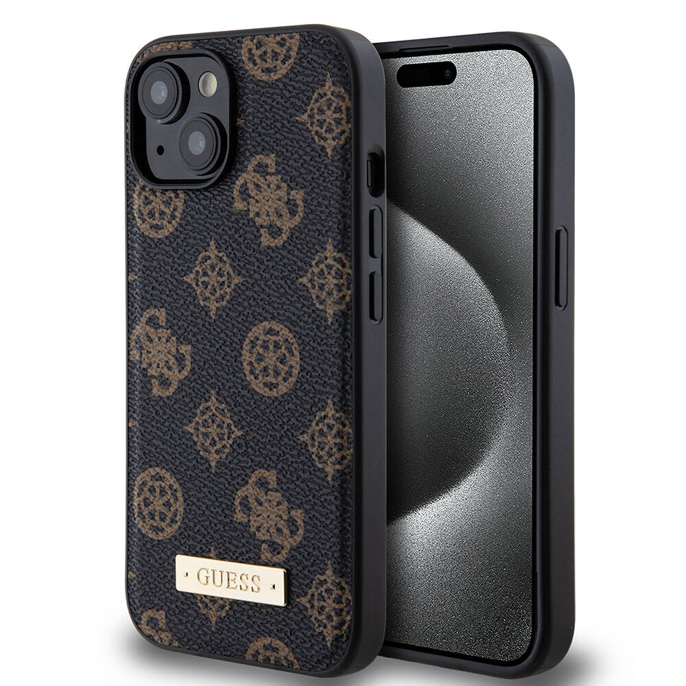 Guess iPhone 15 Plus M-safe Şarj Özellikli PU Deri Desenli Metal Plaka Logolu Kılıf