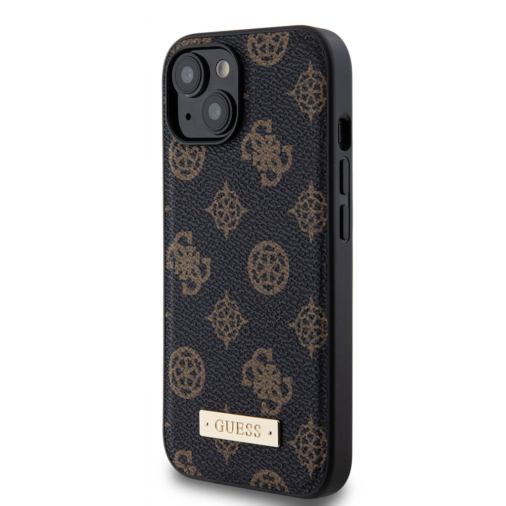 Guess iPhone 15 Plus M-safe Şarj Özellikli PU Deri Desenli Metal Plaka Logolu Kılıf