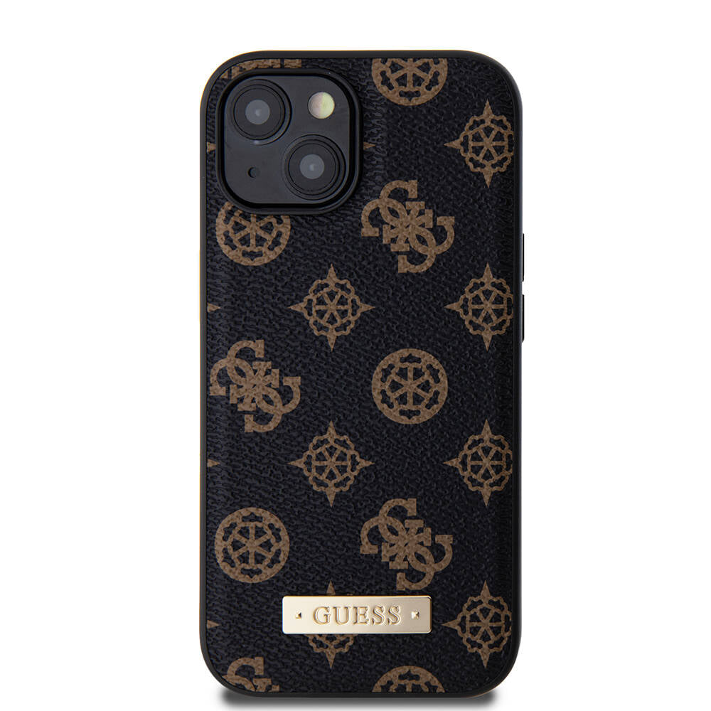 Guess iPhone 15 Plus M-safe Şarj Özellikli PU Deri Desenli Metal Plaka Logolu Kılıf