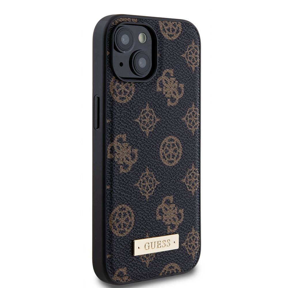 Guess iPhone 15 Plus M-safe Şarj Özellikli PU Deri Desenli Metal Plaka Logolu Kılıf