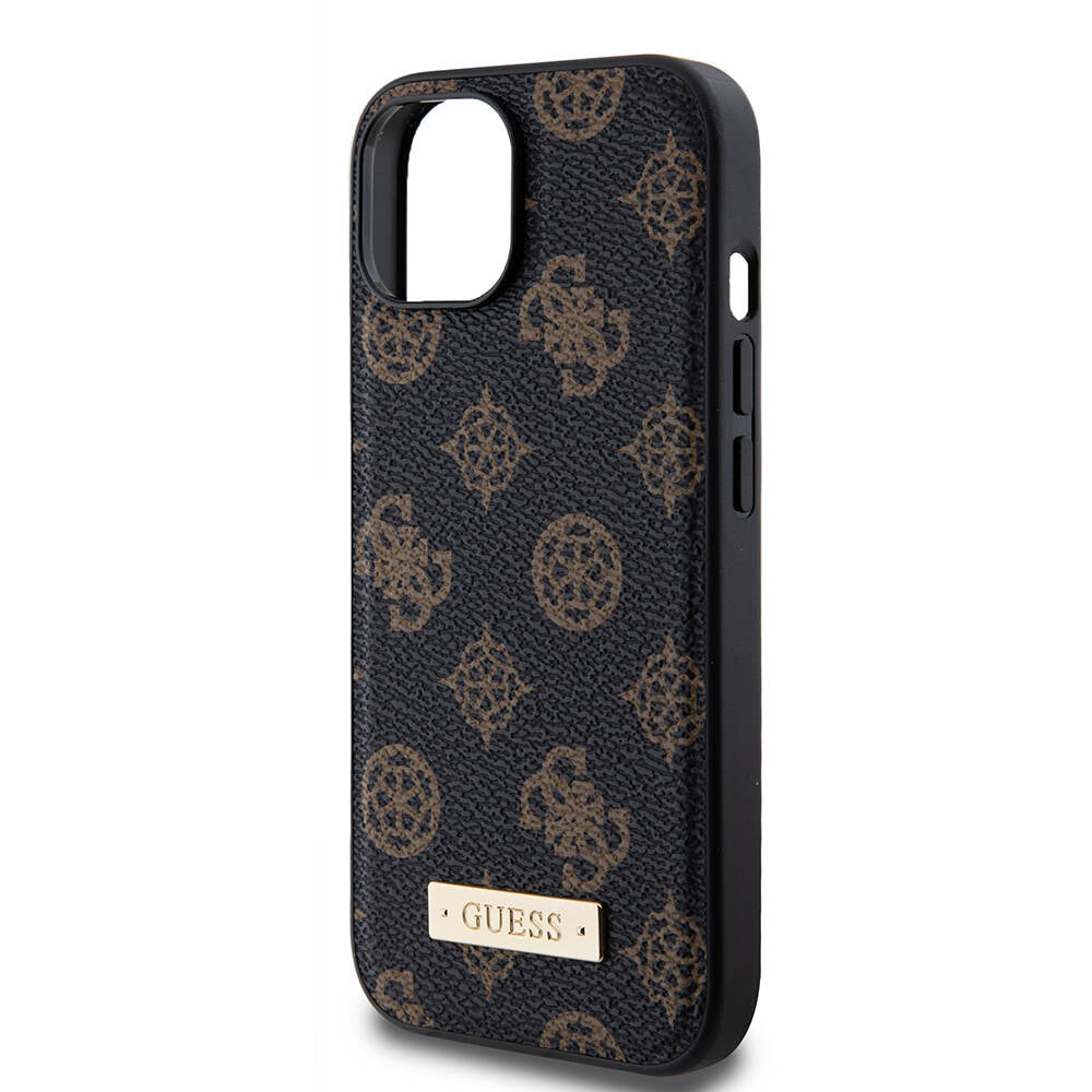 Guess iPhone 15 Plus M-safe Şarj Özellikli PU Deri Desenli Metal Plaka Logolu Kılıf