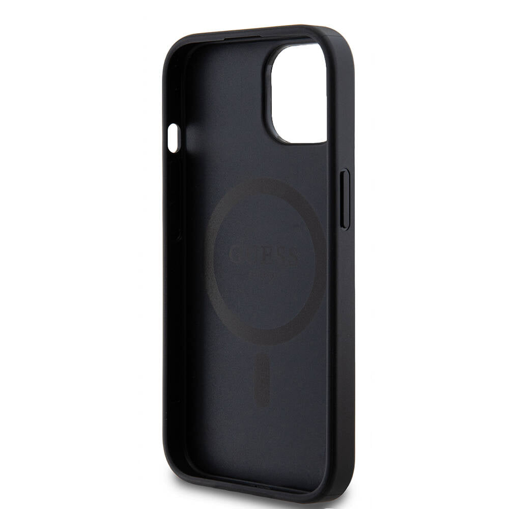 Guess iPhone 15 Plus M-safe Şarj Özellikli PU Deri Desenli Metal Plaka Logolu Kılıf
