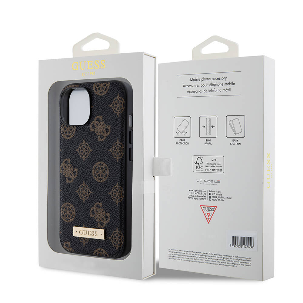 Guess iPhone 15 Plus M-safe Şarj Özellikli PU Deri Desenli Metal Plaka Logolu Kılıf