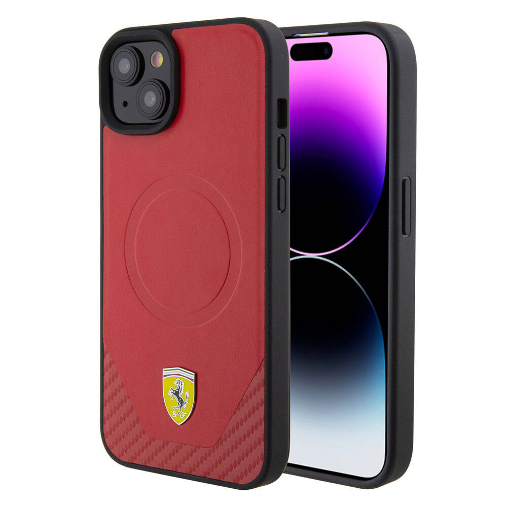 Ferrari iPhone 15 Plus Orjinal Lisanslı M-safe Şarj Özellikli Metal Logolu PU Karbon Kılıf