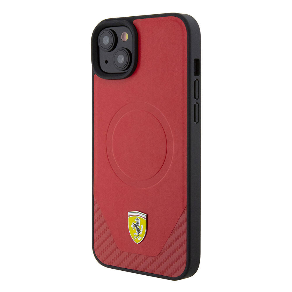 Ferrari iPhone 15 Plus Orjinal Lisanslı M-safe Şarj Özellikli Metal Logolu PU Karbon Kılıf