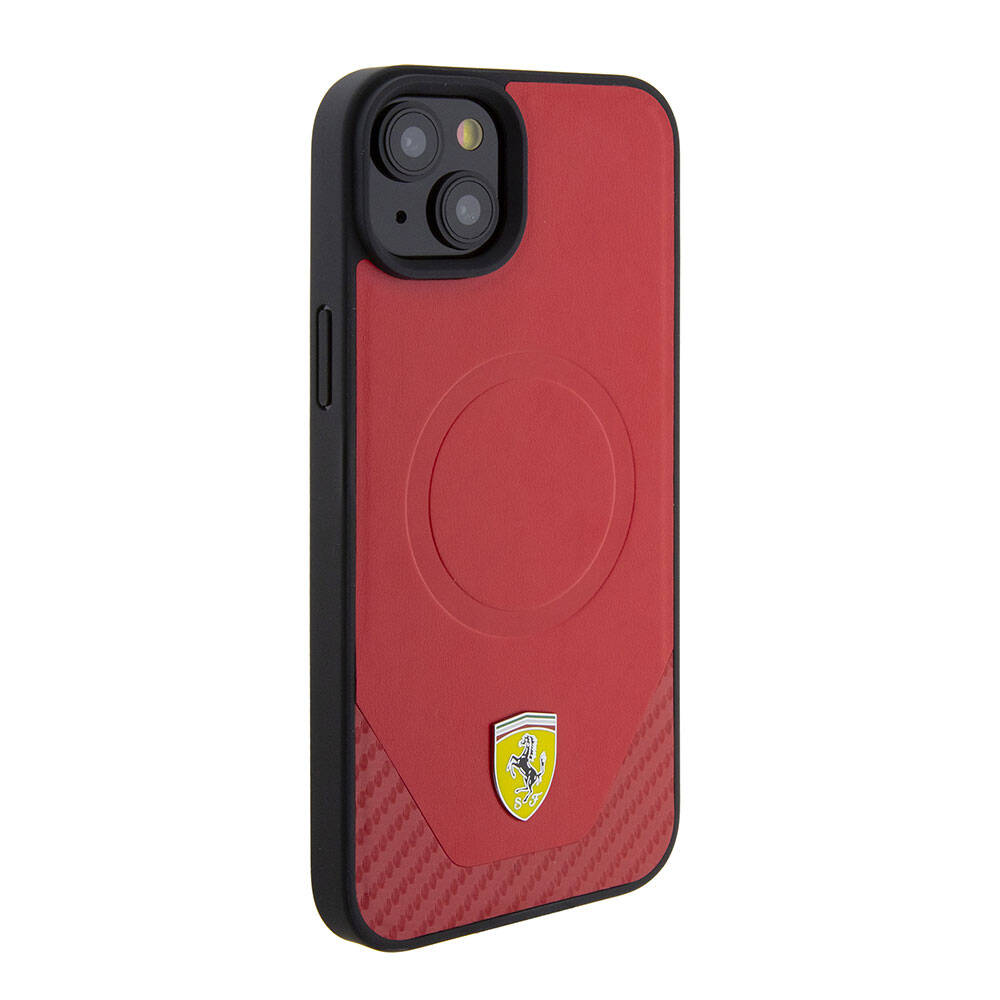 Ferrari iPhone 15 Plus Orjinal Lisanslı M-safe Şarj Özellikli Metal Logolu PU Karbon Kılıf