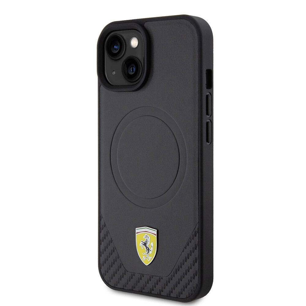 Ferrari iPhone 15 Plus Orjinal Lisanslı M-safe Şarj Özellikli Metal Logolu PU Karbon Kılıf