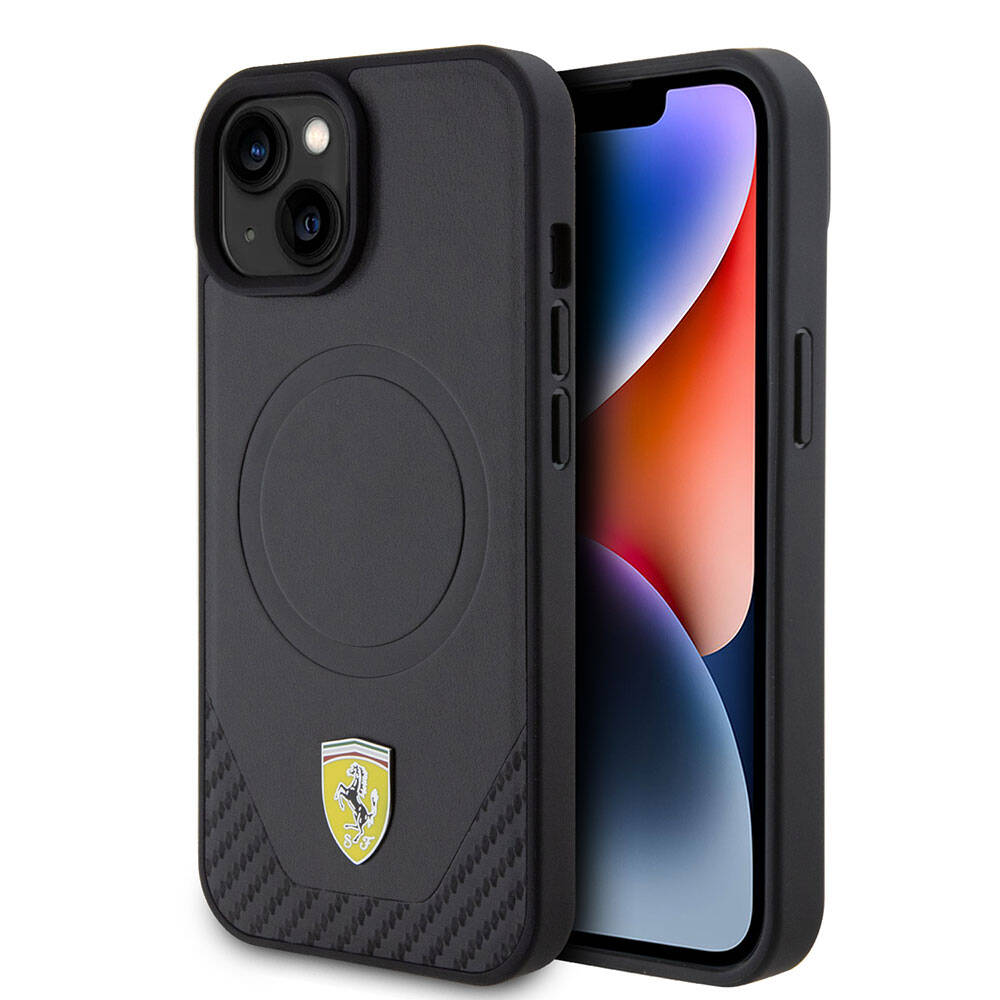Ferrari iPhone 15 Plus Orjinal Lisanslı M-safe Şarj Özellikli Metal Logolu PU Karbon Kılıf