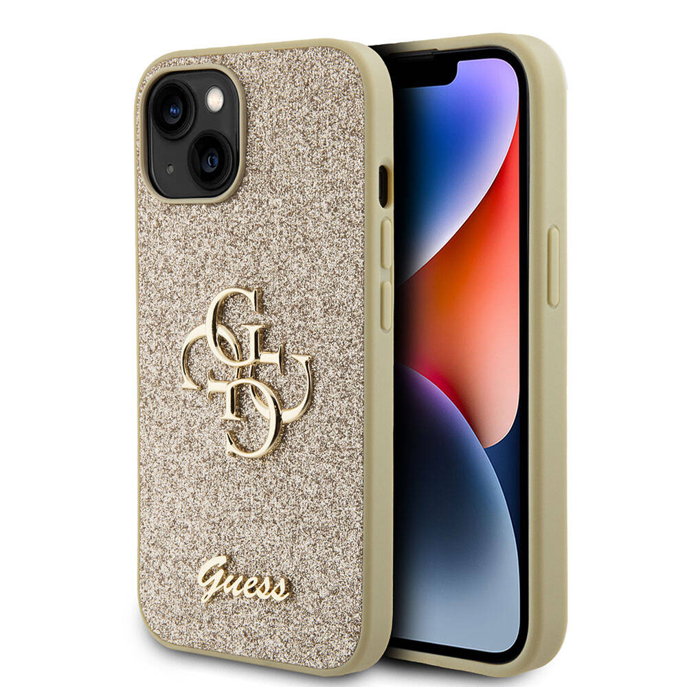 Guess iPhone 15 Plus Orjinal Lisanslı 4G Büyük Metal Logolu Glitter Telefon Kılıfı