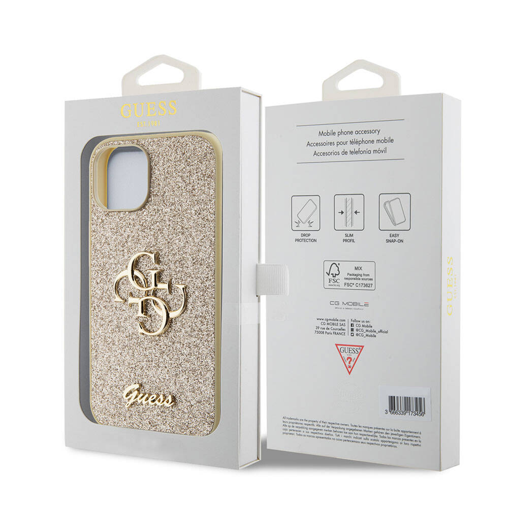 Guess iPhone 15 Plus Orjinal Lisanslı 4G Büyük Metal Logolu Glitter Telefon Kılıfı