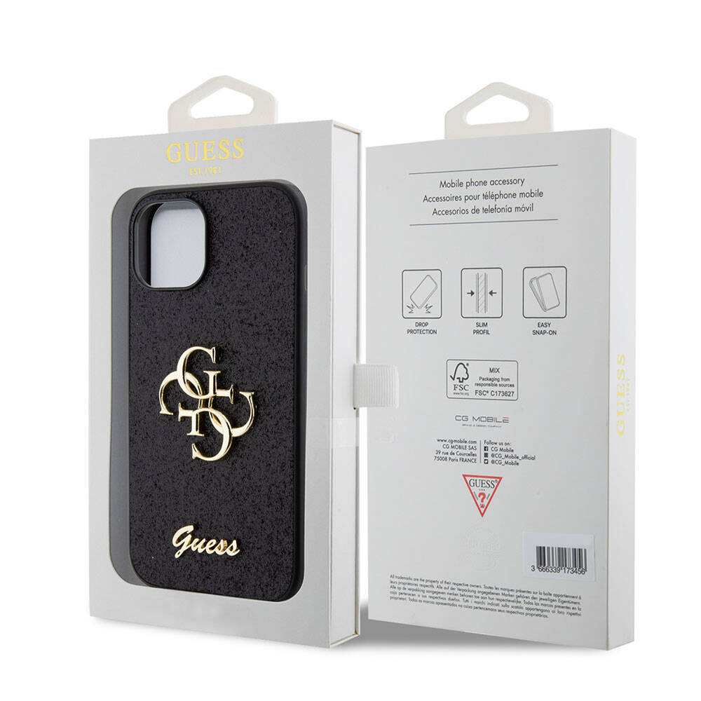 Guess iPhone 15 Plus Orjinal Lisanslı 4G Büyük Metal Logolu Glitter Telefon Kılıfı