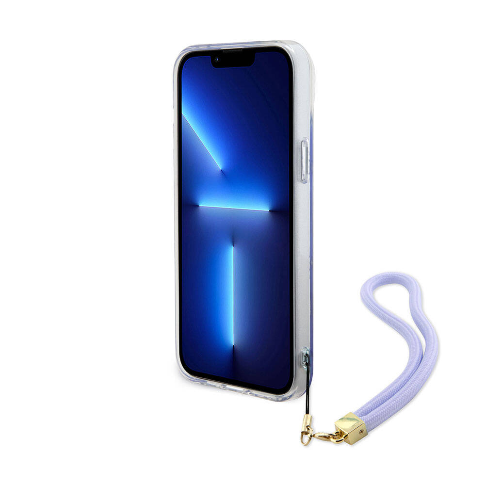 Guess iPhone 15 Plus Orjinal Lisanslı Desenli Yazı Logolu Askı İpli Holografik Glitter Peony Kılıf