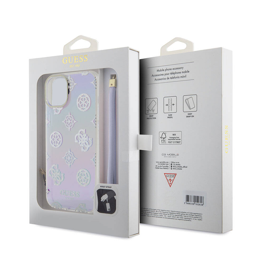 Guess iPhone 15 Plus Orjinal Lisanslı Desenli Yazı Logolu Askı İpli Holografik Glitter Peony Kılıf