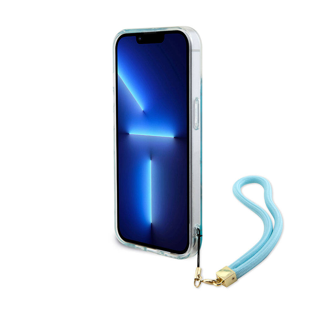 Guess iPhone 15 Plus Orjinal Lisanslı Desenli Yazı Logolu Askı İpli Holografik Glitter Peony Kılıf