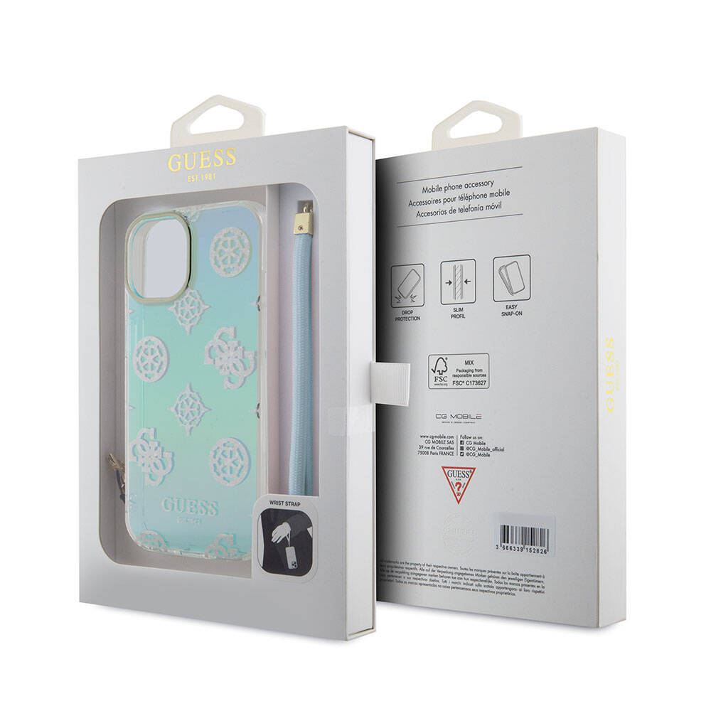 Guess iPhone 15 Plus Orjinal Lisanslı Desenli Yazı Logolu Askı İpli Holografik Glitter Peony Kılıf