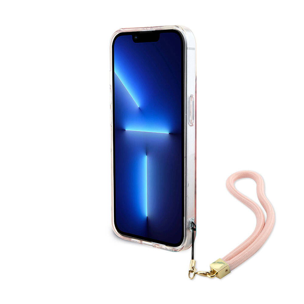 Guess iPhone 15 Plus Orjinal Lisanslı Desenli Yazı Logolu Askı İpli Holografik Glitter Peony Kılıf