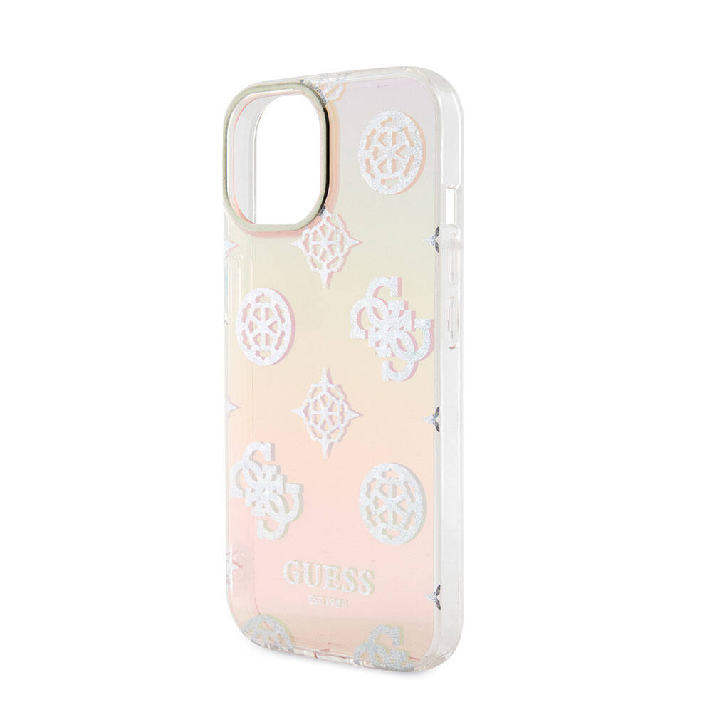 Guess iPhone 15 Plus Orjinal Lisanslı Desenli Yazı Logolu Askı İpli Holografik Glitter Peony Kılıf